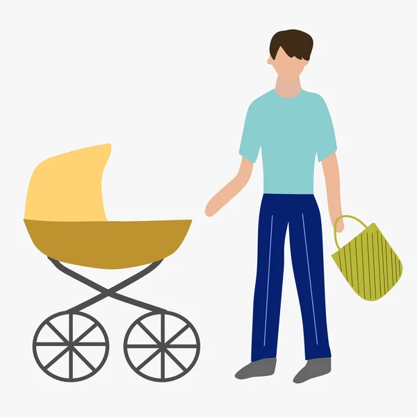 Paternity leave. Father with a pram. — Stock Vector