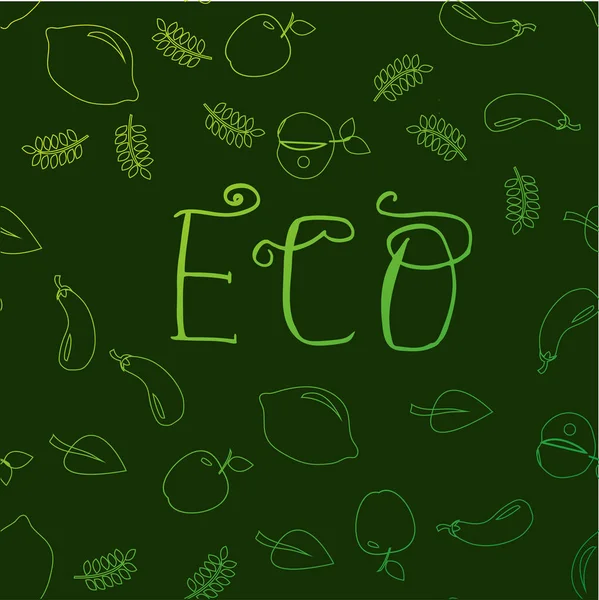 Eco Hand Getekende Letters Met Groenten Fruit Achtergrond Vectorillustratie — Stockvector