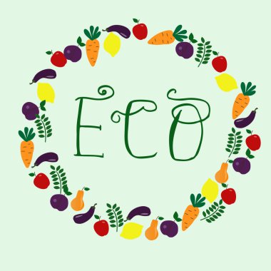 Eko el çizilmiş yazı, meyve ve sebze çevrili
