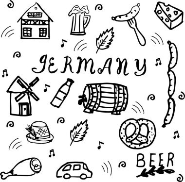 Elle çizilmiş doodle style Almanya unsurları ayarlayın. Vektör çizim. Yarım yamalak öğeleri.