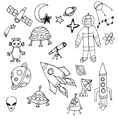 Siyah ve beyaz el çekilmiş uzay nesneleri kümesi.