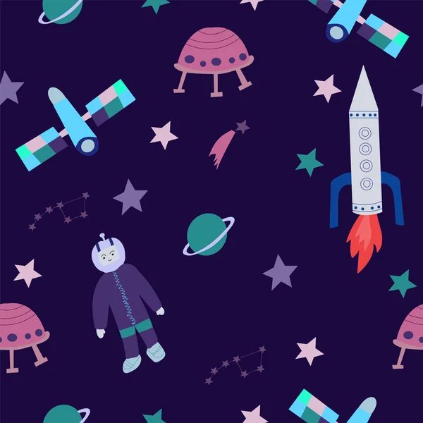 Padrão Sem Costura Cosmos Infantis Com Elementos Espaciais — Vetor de Stock
