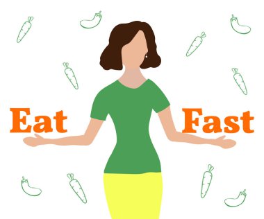 Aralıklı açlık kavramı. Kız, iki kelime hızlı ve Eat.Vector illüstrasyon