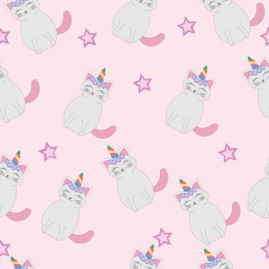 Sevimli kediler tek boynuzlu at veya caticorn seamless modeli. Çizgi film vektör çizim pembe arka plan üzerinde. Mükemmel çocuklar kumaş, tekstil, çocuk odası duvar kağıdı için.