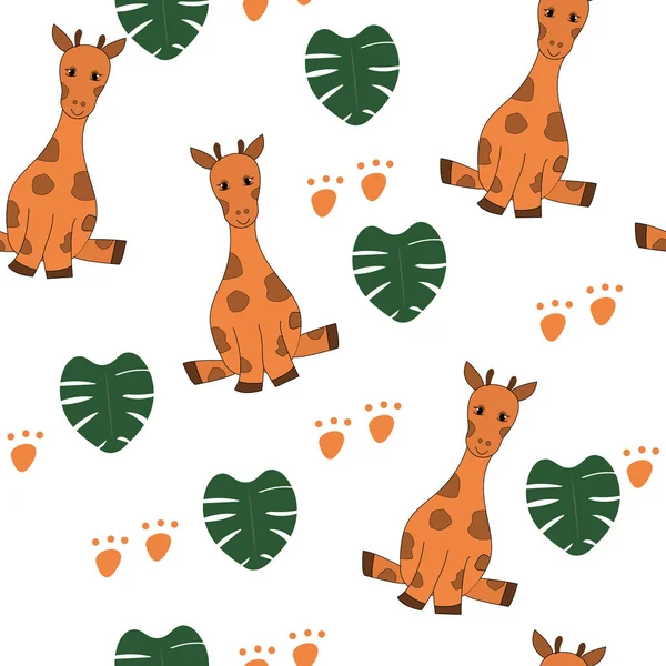 Girafes Mignonnes Monstera Laisse Motif Sans Couture Sur Fond Blanc — Image vectorielle