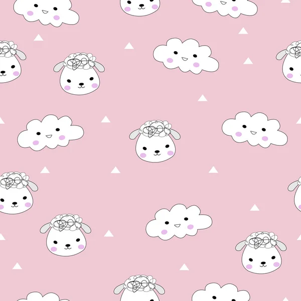 Schattige Cartoon Sheeps Wolken Naadloze Patroon Roze Achtergrond Vector Illustrator — Stockvector