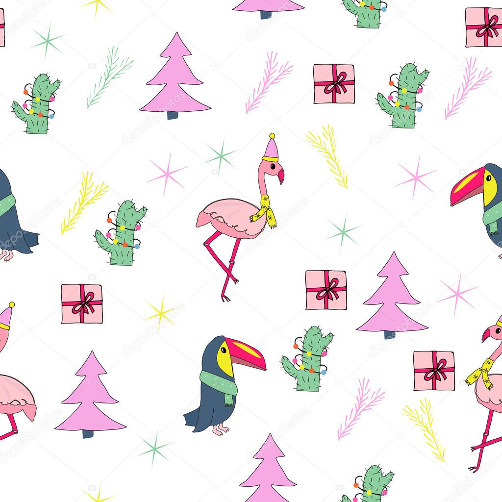 Tropical christmas seamless pattern. Hand drawn vector illustration with pink christmas trees, flamingos, toucans, cactuses with, presents.