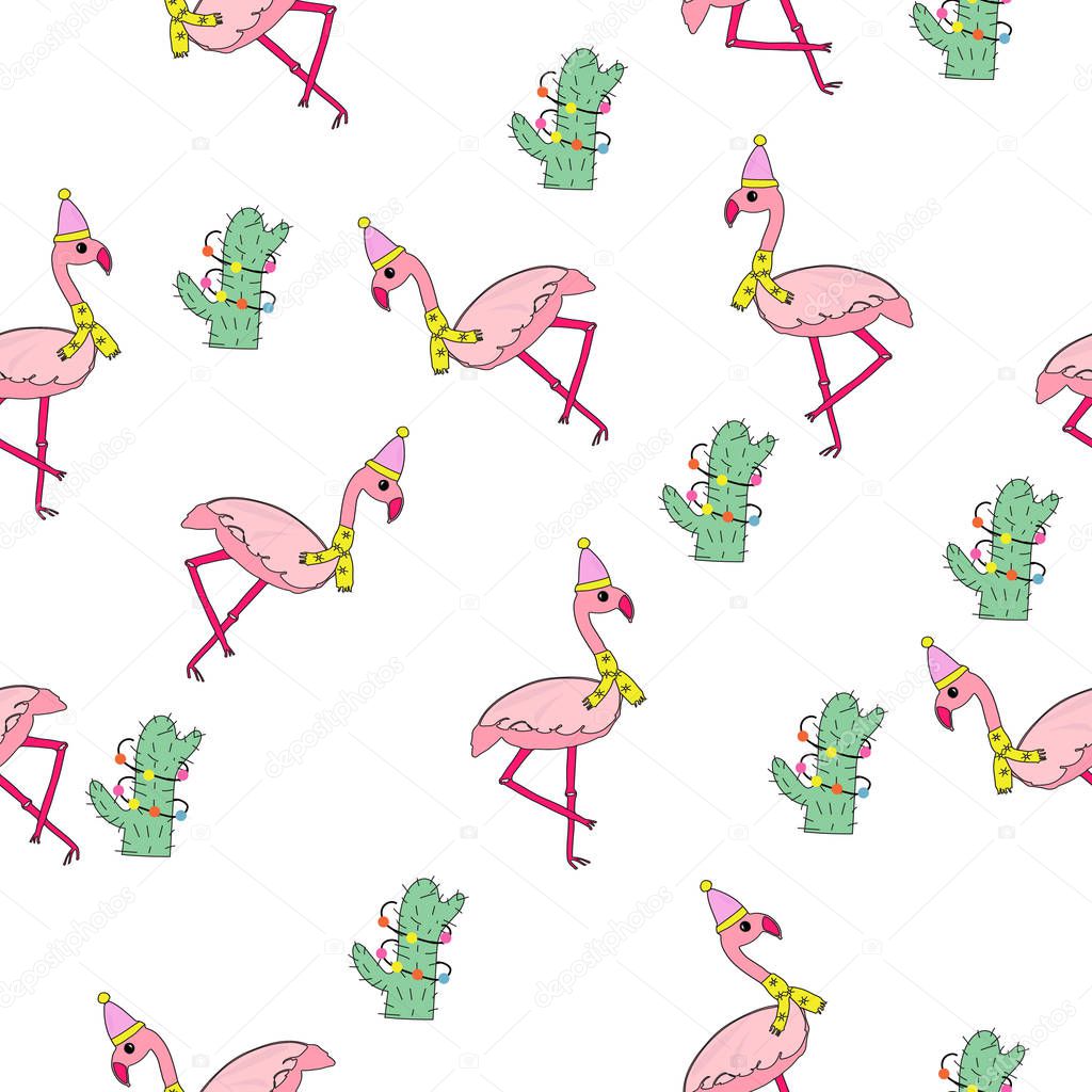 Tropical christmas seamless pattern. Hand drawn vector illustration with pink christmas flamingos and cactuses.