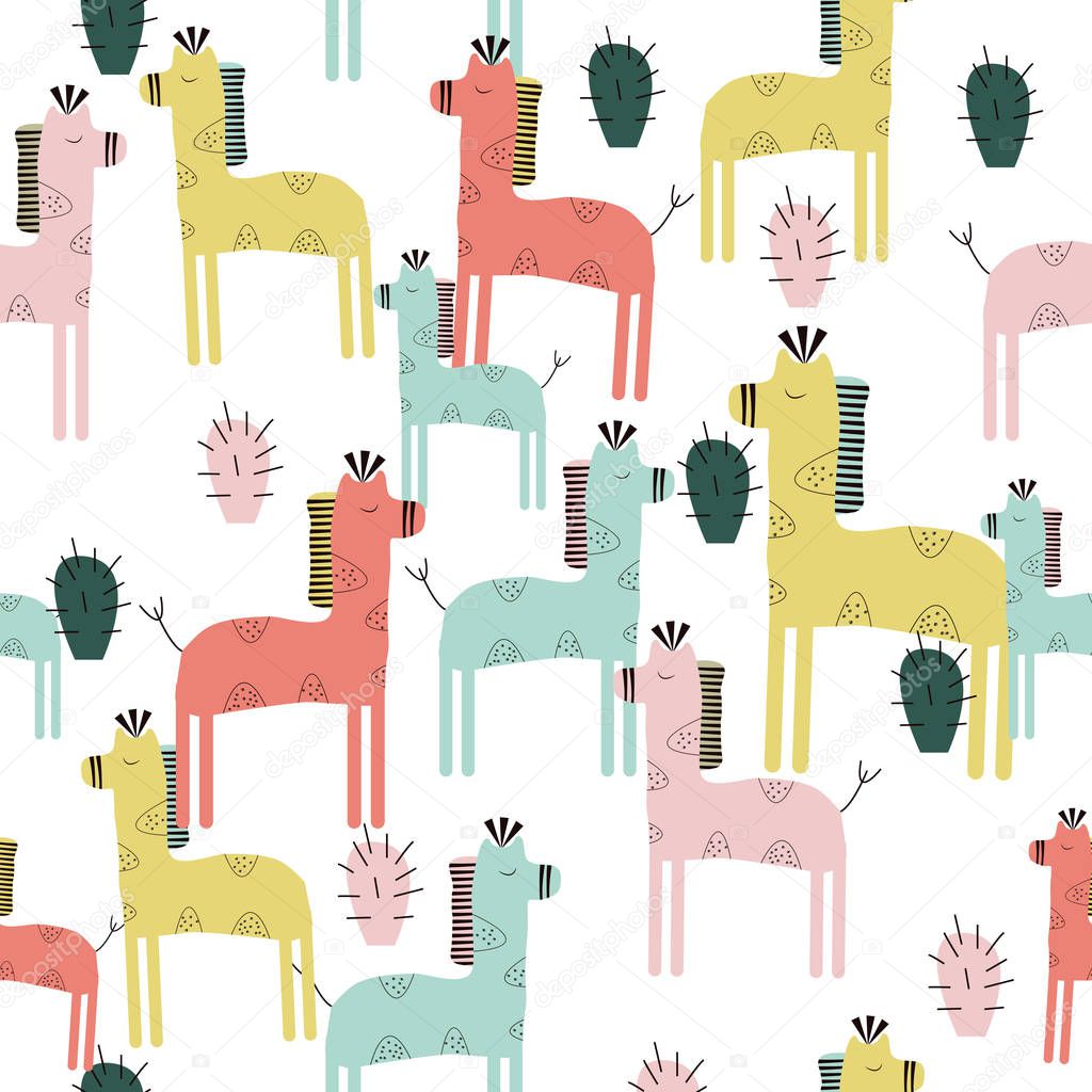 Cute giraffe and cactuses seamless pattern. Cartoon Kids design. Vector.