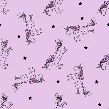 Sihirli tek boynuzlu at Dikişsiz desen arka plan. Vektör çizim.