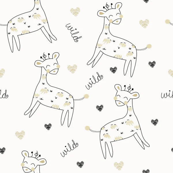 野生动物园长颈鹿无缝模式 矢量插图在幼稚风格伟大的面料 卡片设计 — 图库矢量图片