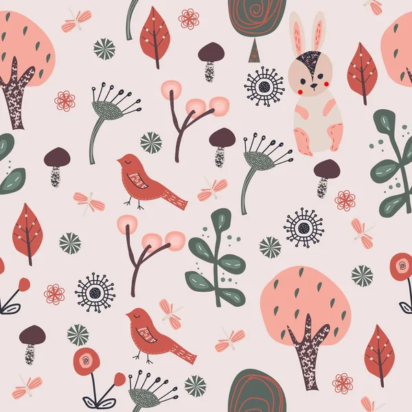 Frühling Wald Nahtlose Muster Mit Niedlichen Handgezeichneten Vögeln Kaninchen Und — Stockvektor