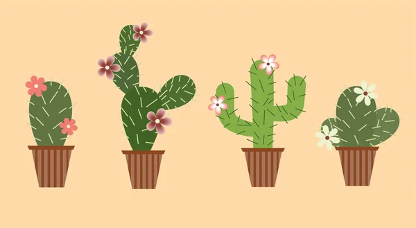 Set Van Cactussen Met Bloemen Potten Vlakke Stijl Vectorillustratie — Stockvector