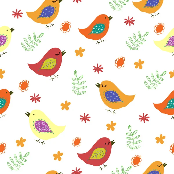 Roliga Färgglada Fåglar Och Blommor Sömlösa Mönster Vektorillustration — Stock vektor