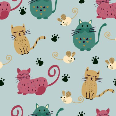 Şirin kedi ve fare ile Seamless modeli. Yaratıcı çocuk odası arka plan. Çocuklar tasarım, kumaş, sarma, duvar kağıdı, Tekstil için mükemmel. Vektör çizim.