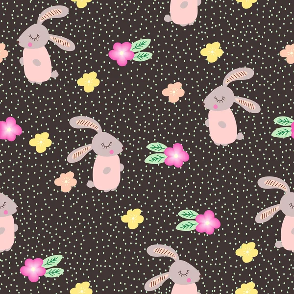 Project naadloze patroon met roze konijntje en bloemen. 1 tekening — Stockvector
