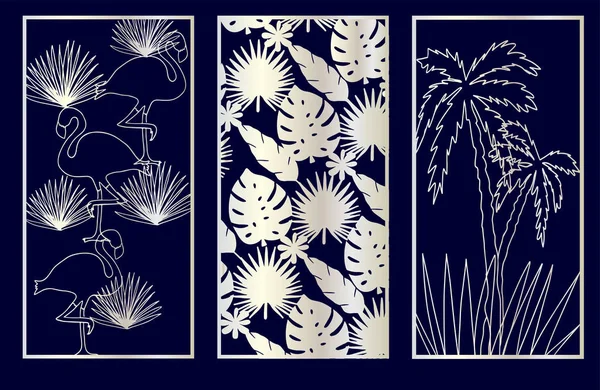 Set de paneles decorativos cortados por láser con monstera, flamenco, palmera . — Vector de stock