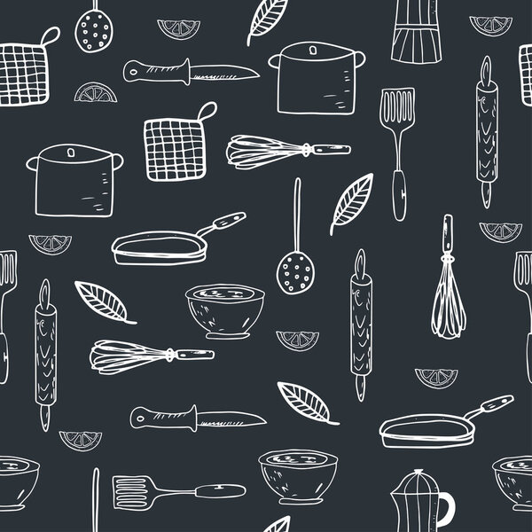 Hand drawn kitchenware on a chalkboard background.