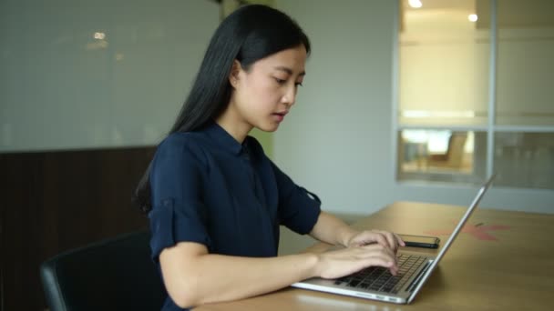 Dizüstü Bilgisayarda Çalışan Asyalı Genç Bir Kadın — Stok video