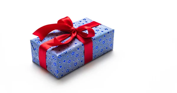Blue Gift Box Red Ribbons Isolated White Background Stock Picture