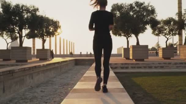 A menina corre na estrada em bom tempo. Tempo ensolarado para treinamento cross-country. A menina corre em um dia ensolarado. a menina está envolvida em esportes ao ar livre . — Vídeo de Stock