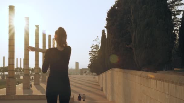 Chica haciendo ejercicios en el parque. Mujer involucrada en deportes. Fitness para la salud. La chica estira los músculos de sus manos. La mujer fortalece los músculos de la espalda. El clima es bueno. — Vídeos de Stock