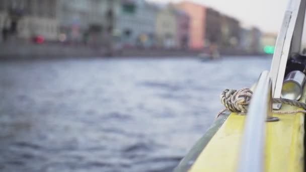 Closeup Yellow Boat Crossing River Water Foam Waves Speed Wind — 비디오