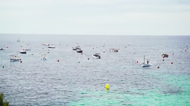 Vue de dessus d'une belle mer transparente. Parking bateau dans la baie turquoise. De petits bateaux se balancent sur les vagues d'émeraude. Journée ensoleillée d'été. Bateaux et canots dans la mer. Vacances sur la côte. Activités maritimes. — Video