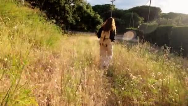 - 하이킹. 가방을 들고 시골길을 걷고 있는 소녀. 시골에서 하이킹하는 거요. 녹색 들판에서의 황금 빛. 화창 한 여름날입니다. 나무 사이를 걷고 있어. 시골의 축하연. — 비디오