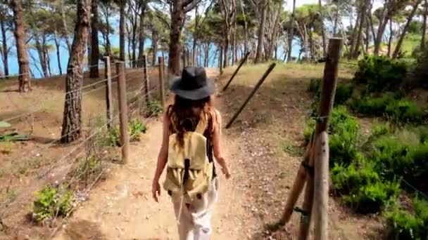 Senderismo. Una chica con una mochila camina por un sendero forestal a lo largo del mar azul. Senderismo en el bosque. Luz dorada en el bosque verde. Caminata por el bosque. Día soleado de verano. Caminando entre los árboles. Vacaciones . — Vídeos de Stock