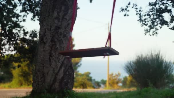 Een houten schommel zwaait op een boom. Zwaaien in de groene tuin. Zomer spelletjes in de tuin. Speeltuin met uitzicht op de bomen en de zee. Zomervakantie in het dorp. — Stockvideo