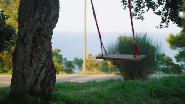 Drewniana huśtawka kołysze się na drzewie. Huśtawka w zielonym ogrodzie. Letnie zabawy w ogrodzie. Plac zabaw z widokiem na drzewa i morze. Wakacje w wiosce. — Wideo stockowe