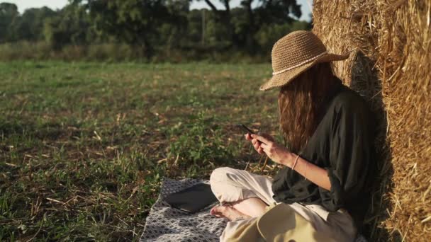 Seorang wanita muda SMS di smartphone di lapangan. Seorang gadis dalam kemeja hitam dan topi jerami duduk bersandar di tumpukan jerami dan melihat telepon. Liburan di desa. Hari musim panas yang cerah. Liburan. — Stok Video