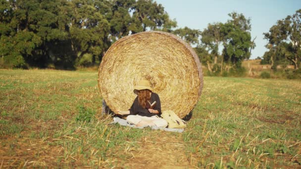 Молодая женщина расслабляется в поле. Девушка в черной рубашке и соломенной шляпе, сидящая на стоге сена и листая свой дневник. Отпуск в деревне. Солнечный летний день. Отдых в деревне — стоковое видео
