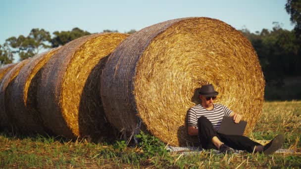Молодой человек работает с ноутбуком в поле. Мужчина в полосатой футболке и черной шляпе сидит, опираясь на стог сена и печатая на клавиатуре ноутбука. Отпуск в деревне. Солнечный летний день. Праздники — стоковое видео