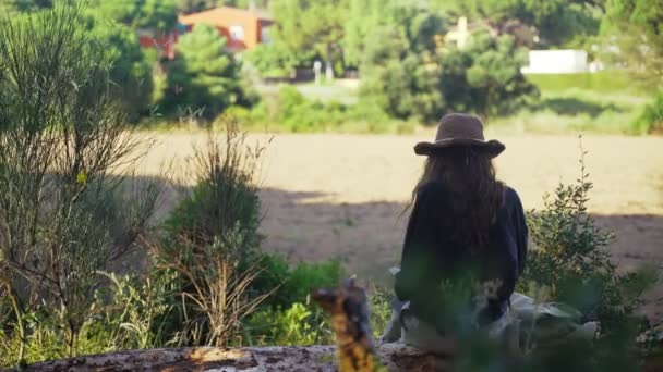 Una joven está leyendo un libro en el bosque. Una chica con una camisa negra y un sombrero de paja se sienta en un árbol caído y hojea un libro. Vacaciones en el pueblo. Día soleado de verano. El viento sopla pelo largo . — Vídeos de Stock