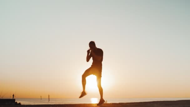 Entrenamiento matutino. Entrenamiento muay thai box en el muelle del mar. Hombre joven practicando patadas contra el telón de fondo del mar y el sol naciente. Actividad deportiva. Silueta de atleta. Golpe, codo, rodilla. — Vídeos de Stock