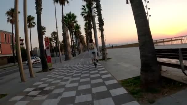 Девушка с рюкзаком едет на велосипеде по велосипедной дорожке на набережной. Велоспорт вдоль моря. Утренний город просыпается. Берег с деревьями и пальмами на фоне восходящего солнца. — стоковое видео