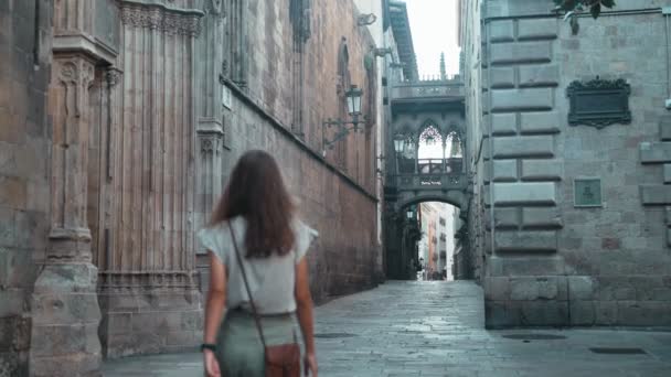 Piękna, długowłosa brunetka spacerująca po pięknym mieście. Młoda atrakcyjna kobieta spaceruje kamiennymi uliczkami średniowiecznego miasta. Piękny turysta zwiedzający zabytki. Dziewczyna w szarych spodniach. — Wideo stockowe