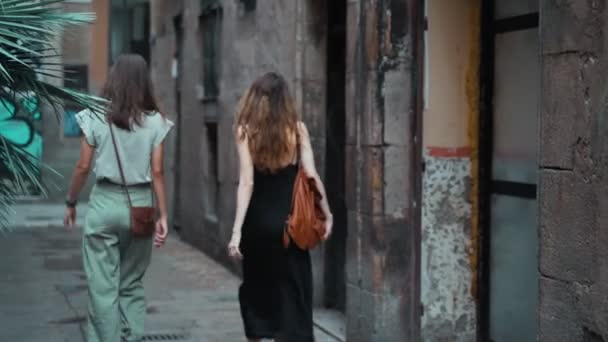 Двоє друзів гуляють по красивому місту. Дві молоді довгошерсті жінки гуляють по кам'яних вулицях середньовічного міста. Два туристи досліджують пам'ятки. Дівчина в чорній сукні. Дівчина в штанях . — стокове відео