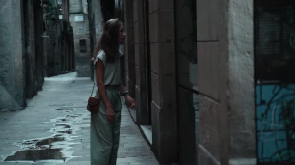 Belle brune aux cheveux longs se promenant dans la belle ville. Jeune femme séduisante marcher dans les rues en pierre d'une ville médiévale et regarder à la fenêtre. Joli touriste explorant les sites touristiques. Vitrine — Video