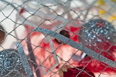 Noel ile kırmızı ve beyaz mavi parlak yıldızlı tema arka plan. Hediyeler, süslemeleri ve tinsel. Lütfen bkz: benim geniş Aralık Noel görüntüleri.