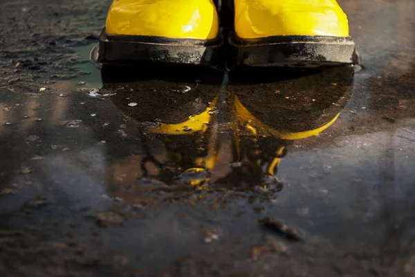 Bright Yellow Rubber Boots Standing Puddle Boots Massive Sole Tractor — Stock Photo, Image