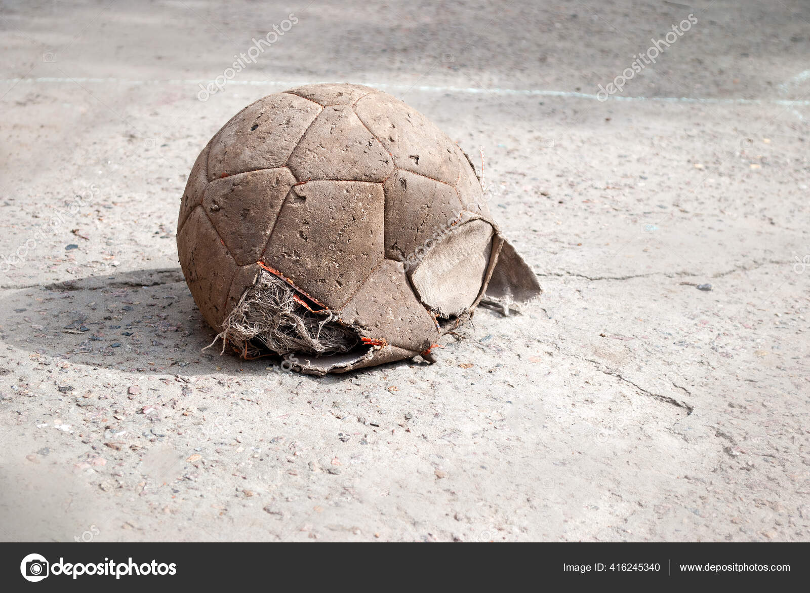 Old Deflated Battered Soccer Ball Big Hole Pavement Place Text Stock