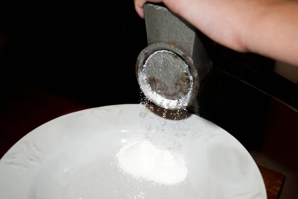 Year Old Girl Makes Powdered Sugar Retro Coffee Grinder Making — Stock Photo, Image