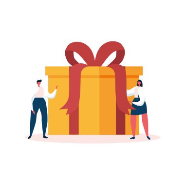 Kadın ve erkek hediye kutusunun yanında kurdeleli, basit bir vektör çizimi.   