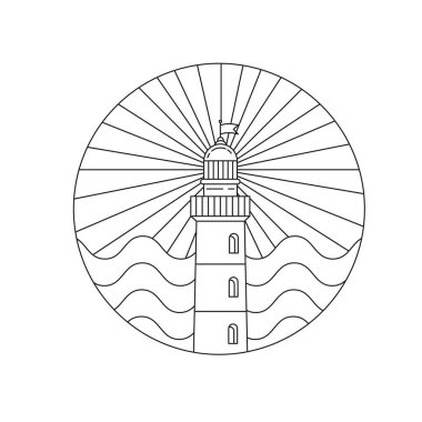 Taslak deniz feneri izole edildi. Deniz dalgaları ve ışık. Düz vektör çizgisi çizimi