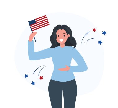 ABD bayrağını elinde tutan kadınlar. Amerika 'da seçimler ve vatanseverlik kavramı. Düz vektör illüstrasyonu.