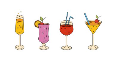 Renkli yaz kuyrukları seti. İçkiler ve bar konsepti. Düz vektör illüstrasyonu.