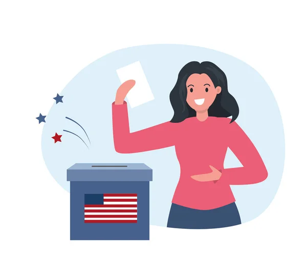 女性は投票箱に投票する アメリカでの選挙 平面ベクトル図 — ストックベクタ